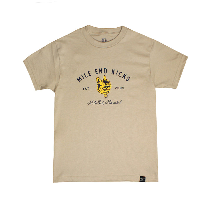 Beige t-shirt with 'Mile End Kicks' logo and text on a white background