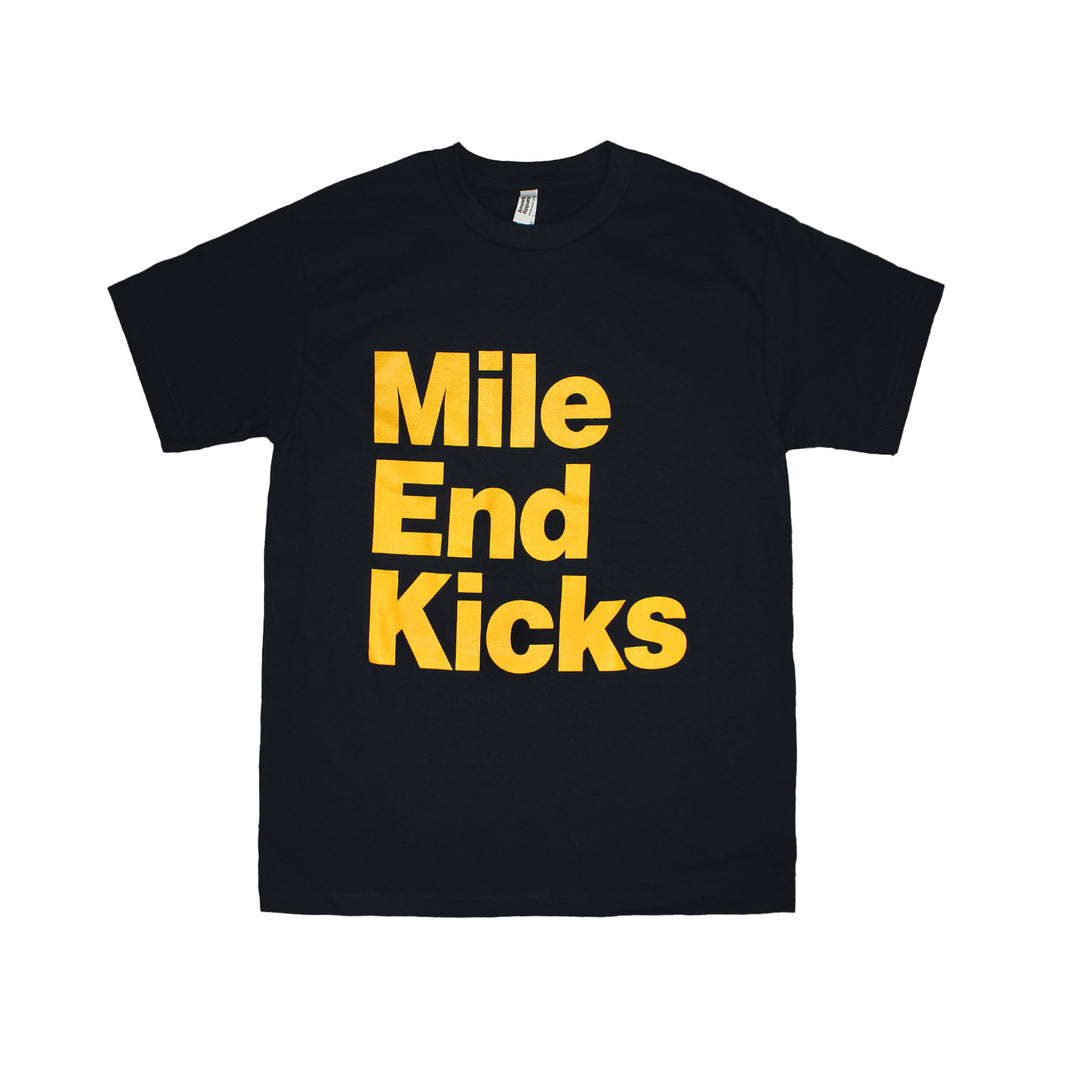 Navy t-shirt with 'Mile End Kicks' text in yellow on a white background