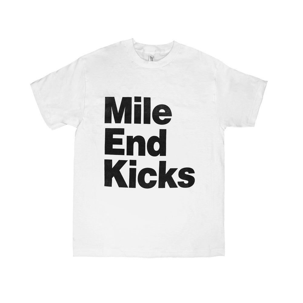 White t-shirt with 'Mile End Kicks' text on a white background
