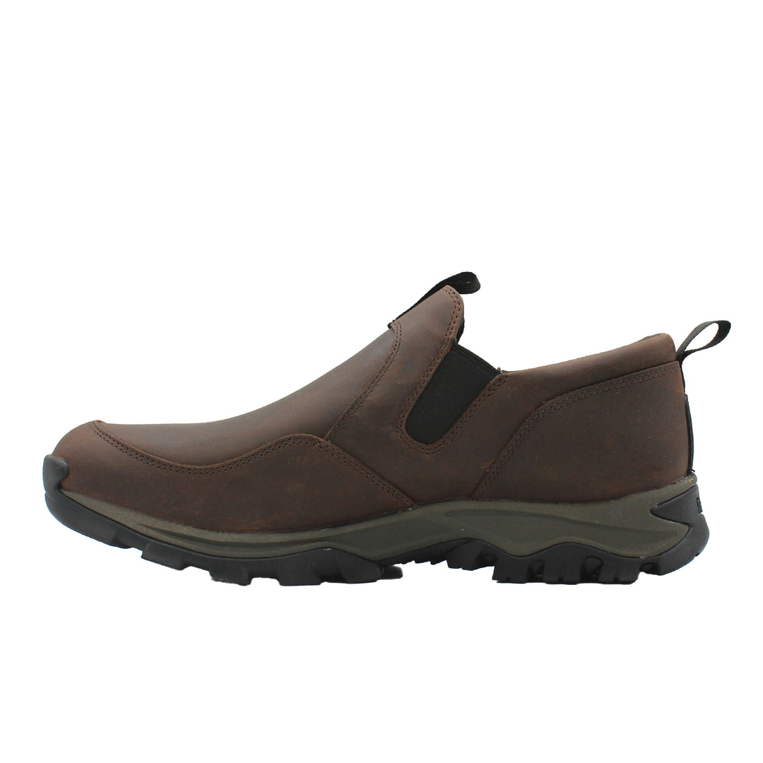 Brown slip-on shoe with black sole on a white background