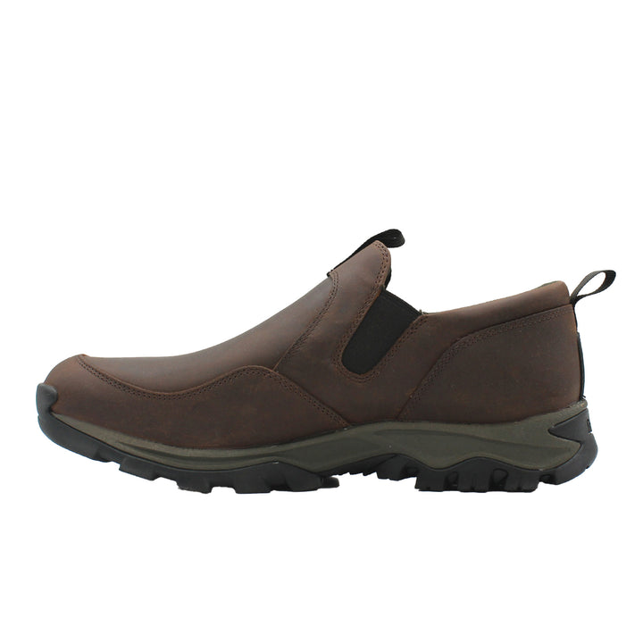 Brown slip-on shoe with black sole on a white background