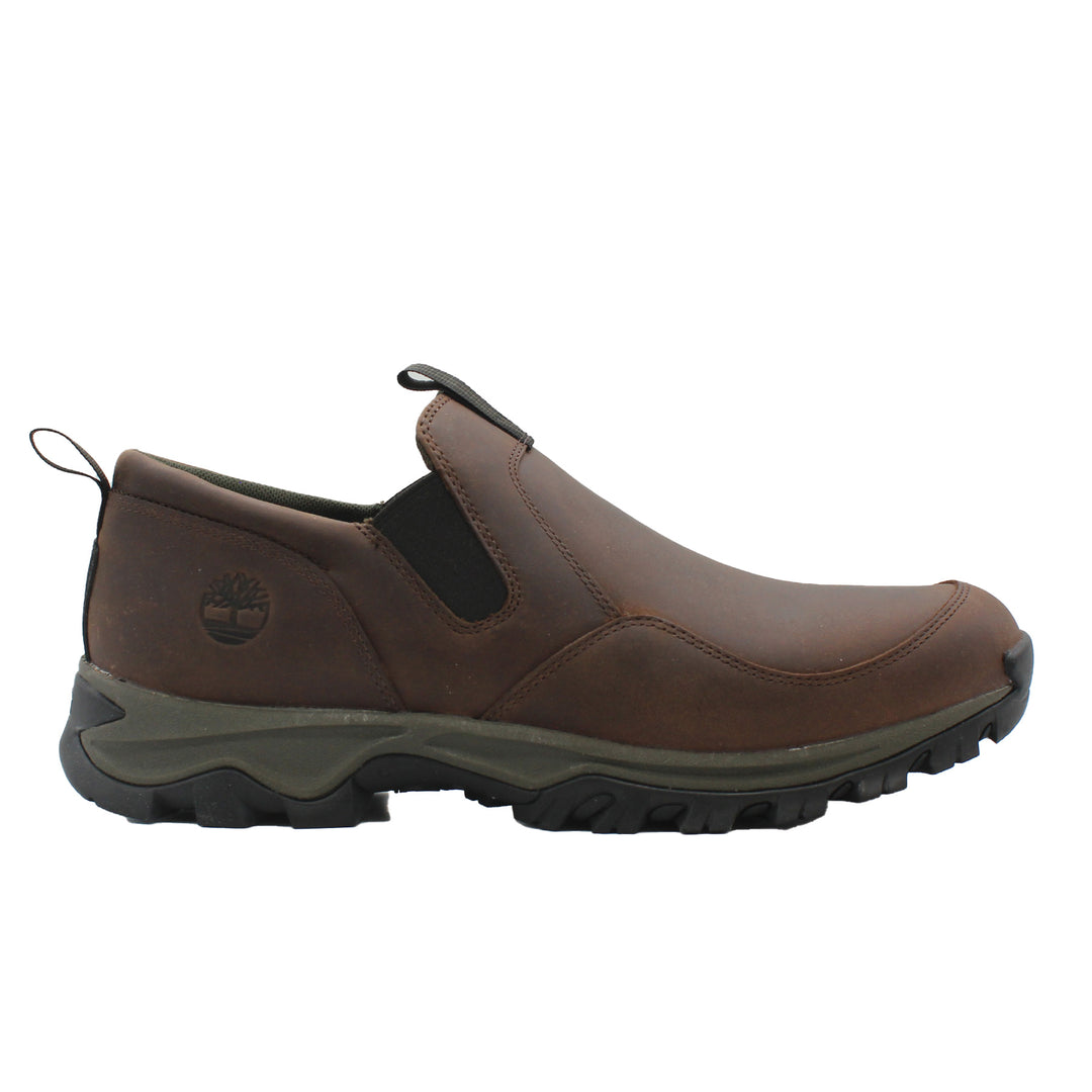 Brown slip-on shoe with black sole on a white background