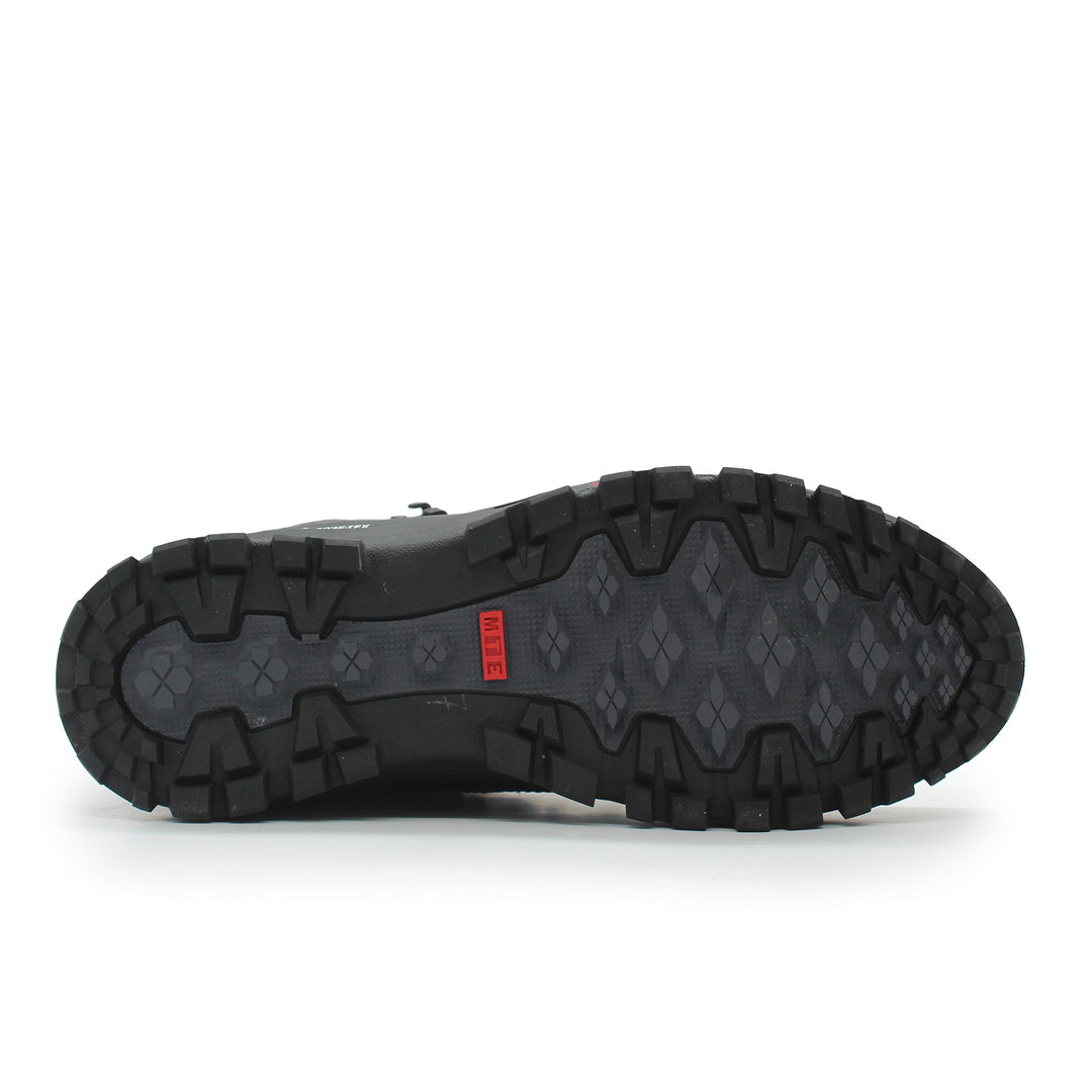 Black hiking boot sole on a white background