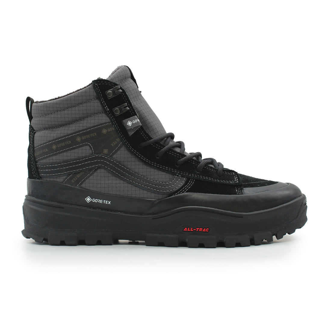 Black and gray hiking boot with Goretex and All-Terrain branding on a white background
