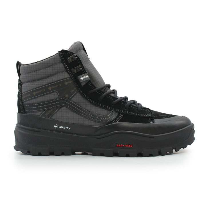 Black and gray hiking boot with Goretex and All-Terrain branding on a white background