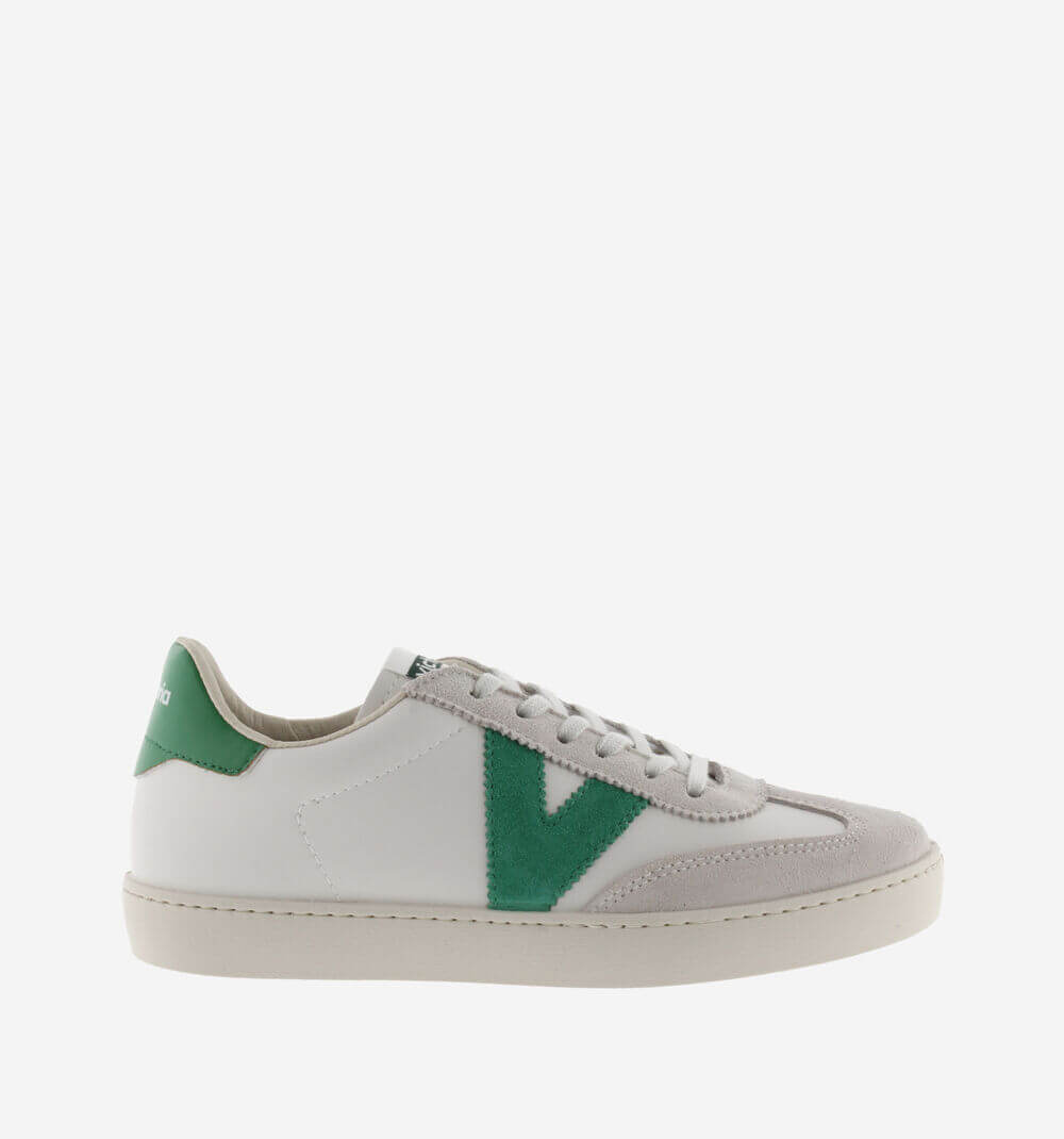 White/Green Trainers - Made in Spain - Faux Leather and Split Leather Panels - Vegetable Oil Sole - Stylish V Detailing - Cyclist Cut - Eco-Friendly Fashion - side right view