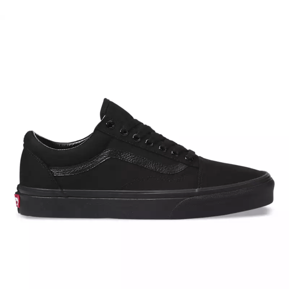 Vans Old Skool Canvas Shoes - Iconic Sidestripe Low-Top Design with Durable Construction and Signature Rubber Waffle Outsoles. Black/Black color and shoe right facing.