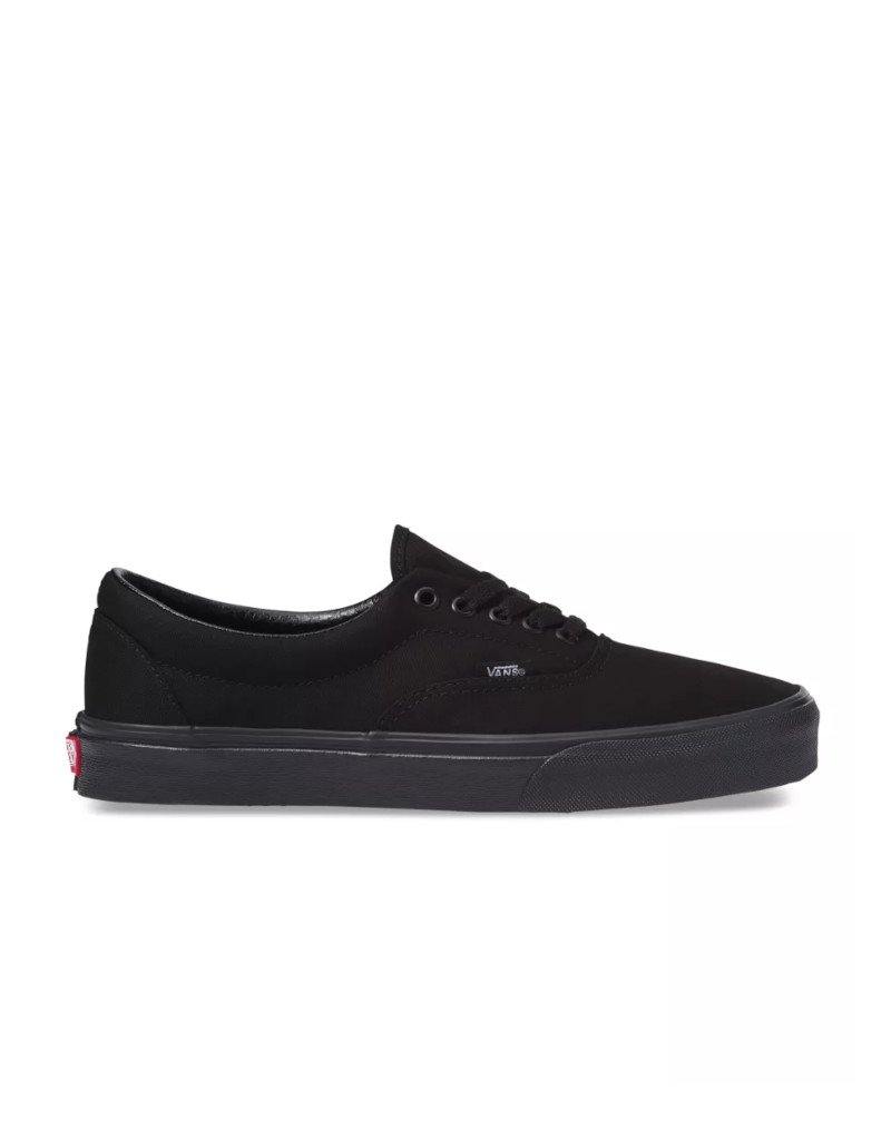 Vans Era Skate Shoe - Legendary low-top design with padded collars, sturdy canvas uppers, metal eyelets, and signature rubber waffle outsoles. A symbol of skate and street culture since 1976. Black/black color and shoe facing right.