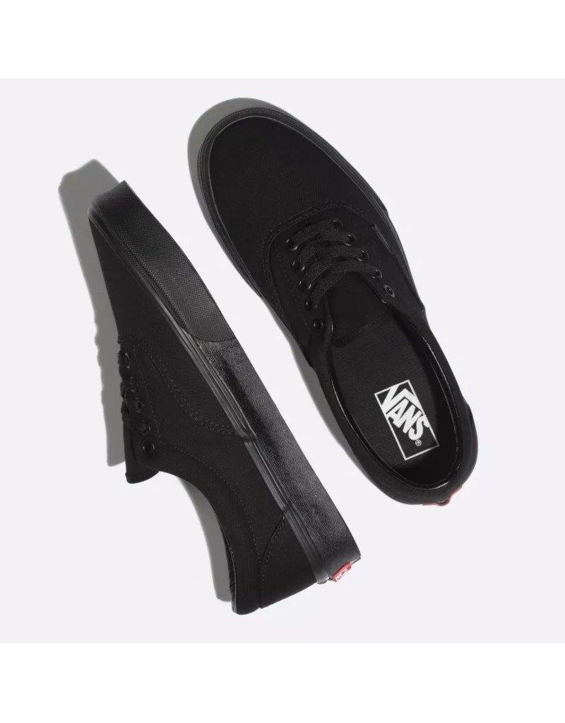 Vans Era Skate Shoe - Legendary low-top design with padded collars, sturdy canvas uppers, metal eyelets, and signature rubber waffle outsoles. A symbol of skate and street culture since 1976. Black/black color and top and side view.